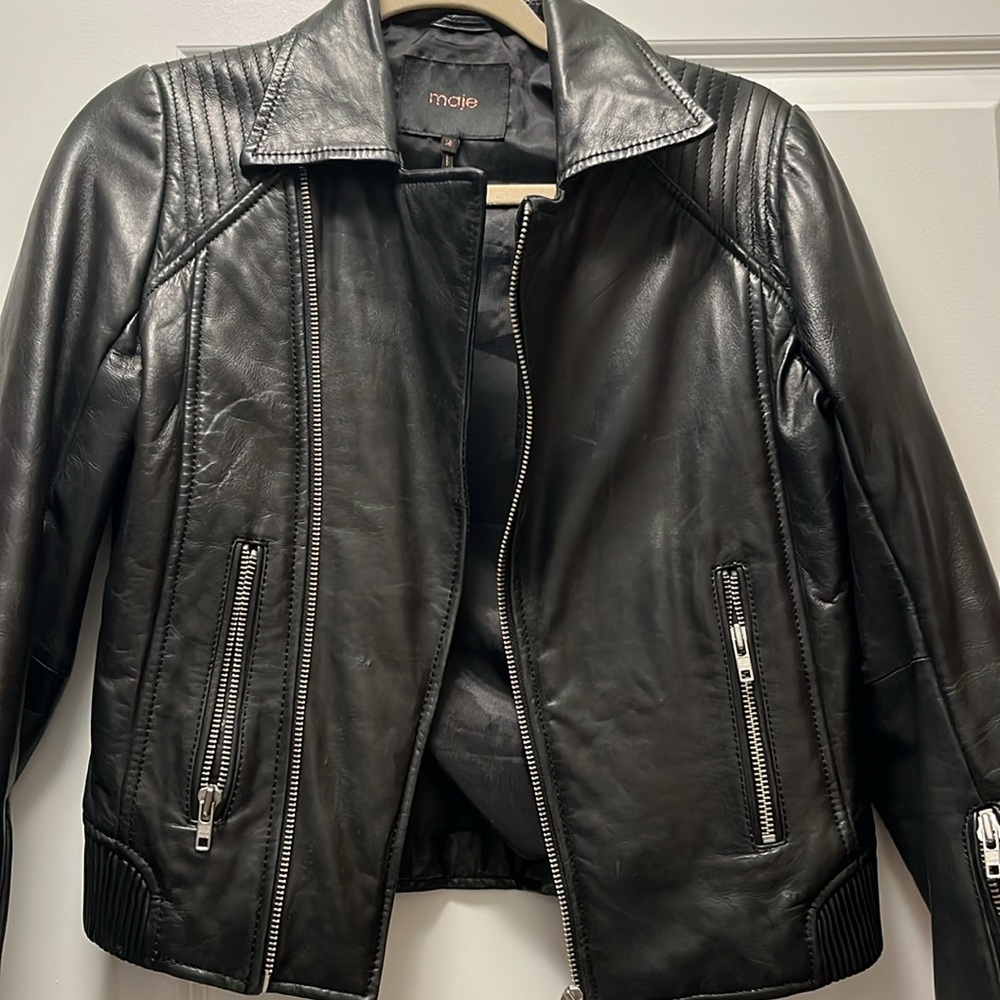 Maje black leather Moto jacket Fitted Excellent condition w wear right arm area